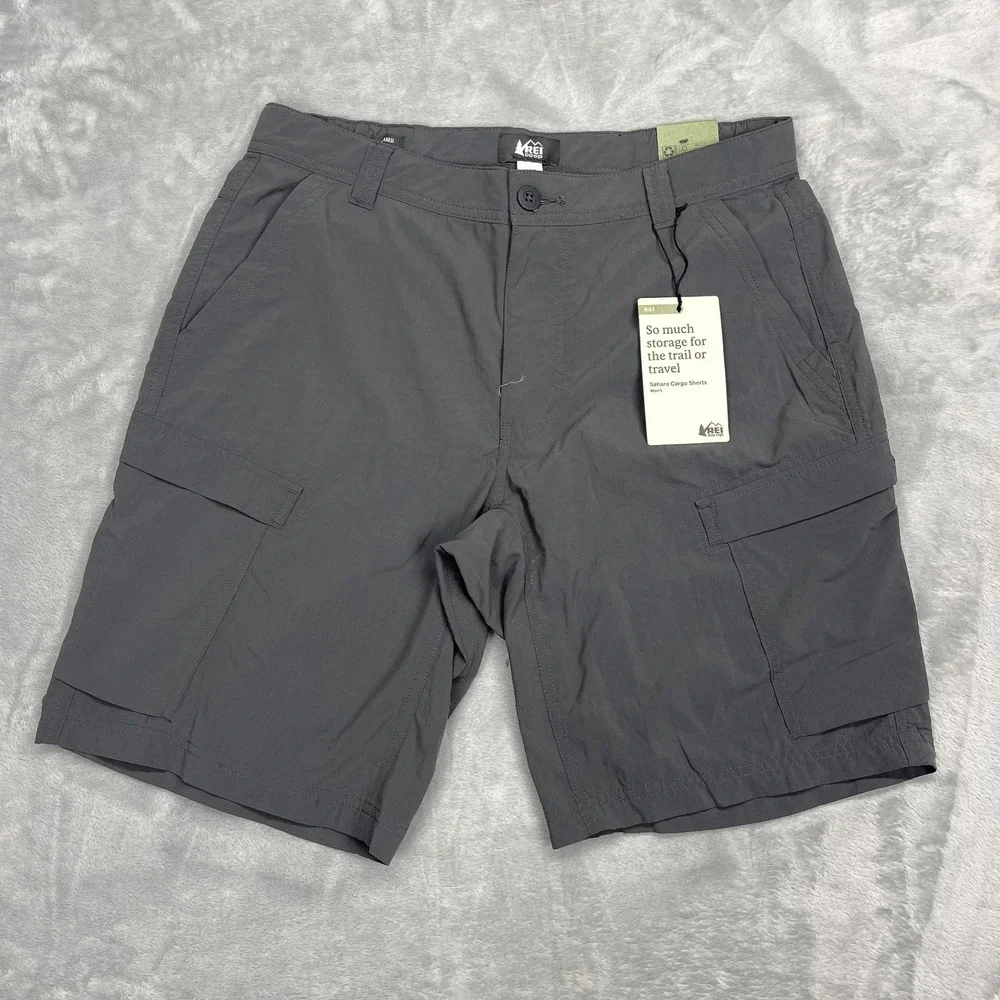 REI Co-op Shorts Mens 32 Asphalt Gray Sahara Cargo Pockets Relaxed Fit UPF 50